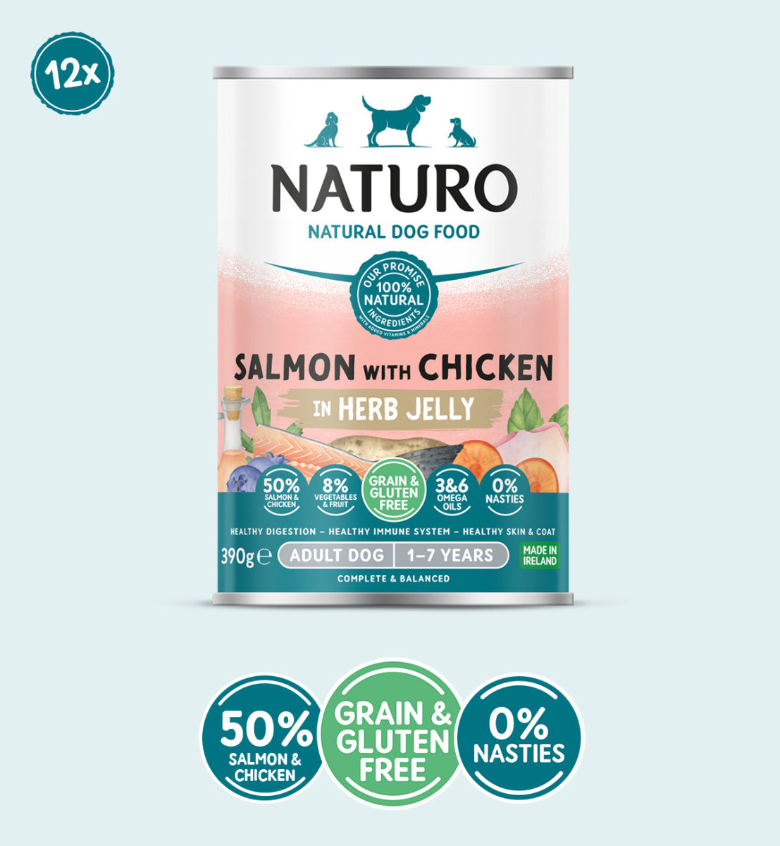 Zalm met kip in kruidengelei voor volwassen honden - Graan- en glutenvrij hondenvoer | Blikjes van 390 g x 12