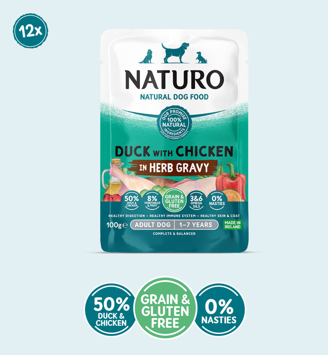 Adult Dog Duck with Chicken in Herb Gravy - Grain & Gluten Free Dog Food | 100g Pouches x 12