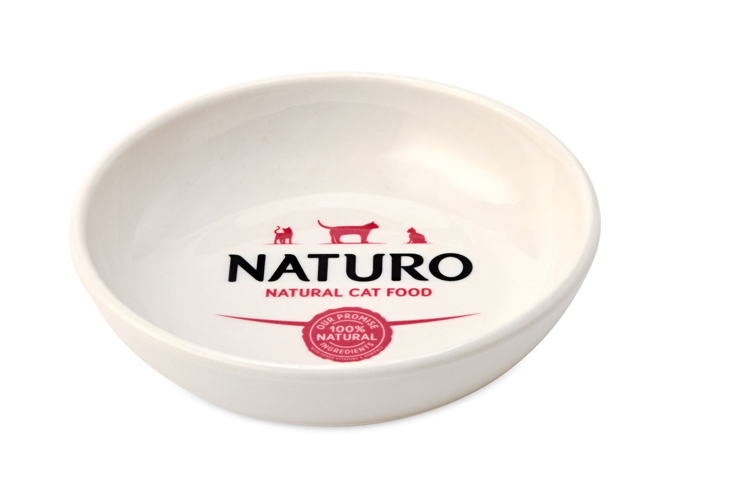 A white ceramic cat bowl with the brand 'Naturo' printed on the bottom.
