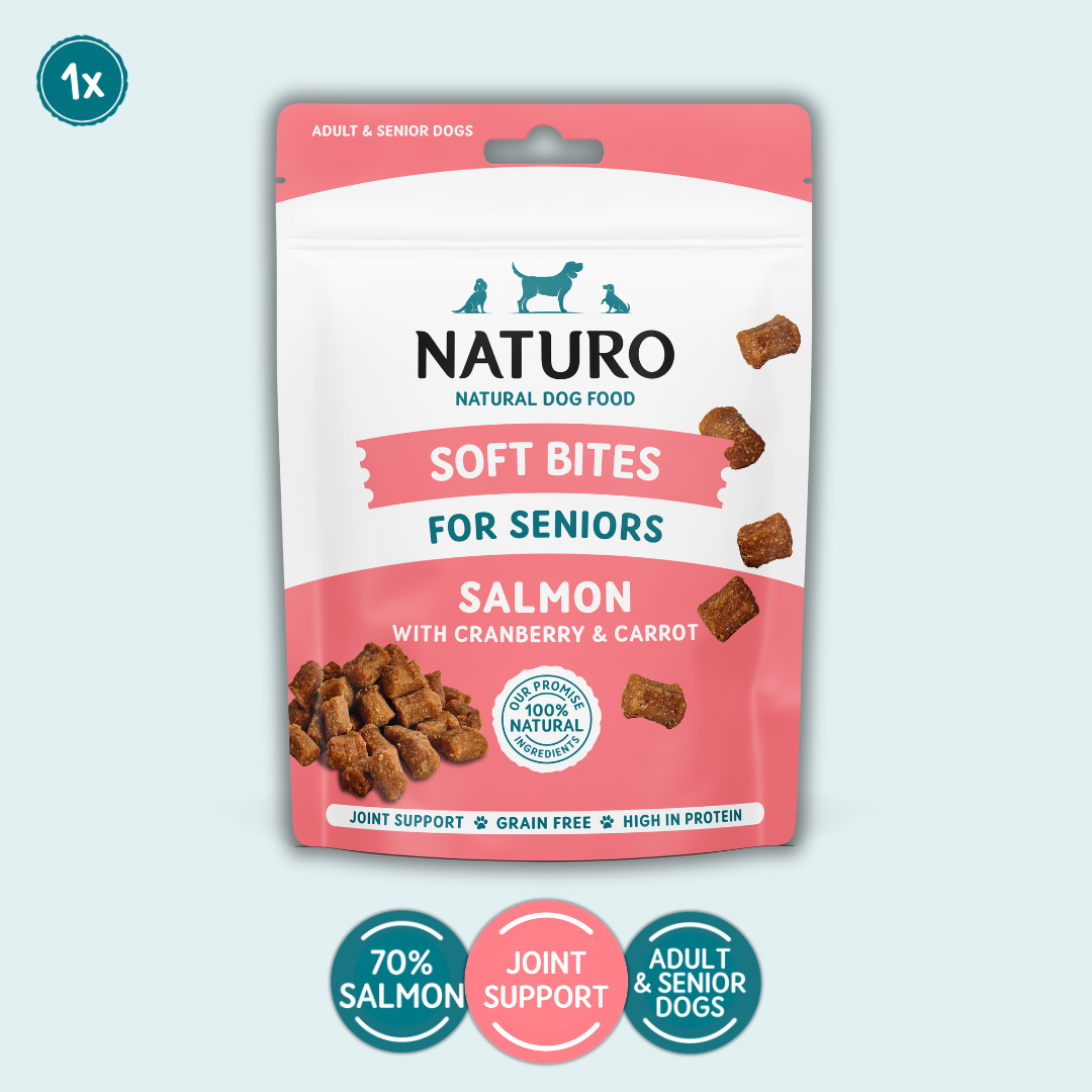 Package of Naturo Soft Bites for Seniors Salmon with Cranberry & Carrot on a light blue background