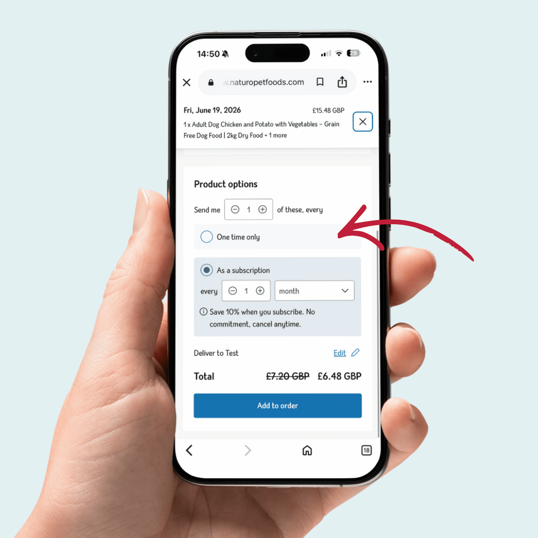 Hand holding a smartphone displaying a pet food ordering app with subscription options.