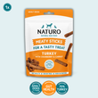 Package of Naturo meaty sticks treats for adult dogs with turkey, cranberry, and carrot on a light blue background.