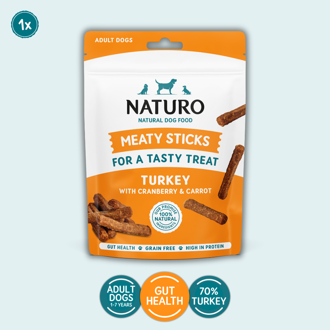Package of Naturo meaty sticks treats for adult dogs with turkey, cranberry, and carrot on a light blue background.