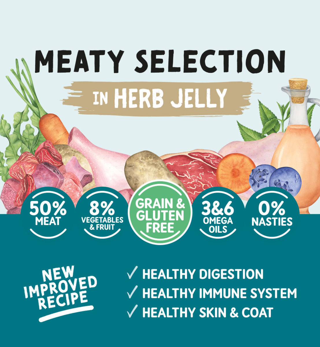 Adult Dog Grain & Gluten Free Meaty Selection in Herb Jelly Cans 390g x 12