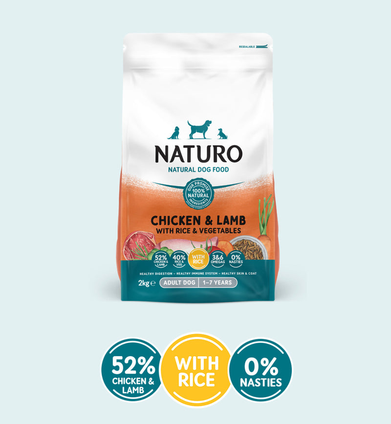 A package of Naturo natural dog food, featuring chicken and lamb with rice and vegetables dry dog food. The packaging is predominantly white with images of a dog and chicken, and text detailing the product contents and benefits.