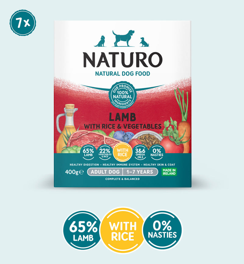 Packaging for Naturo natural dog food, showing a graphic of a dog and text indicating lamb with rice and vegetables, 400g trays, suitable for adult dogs.