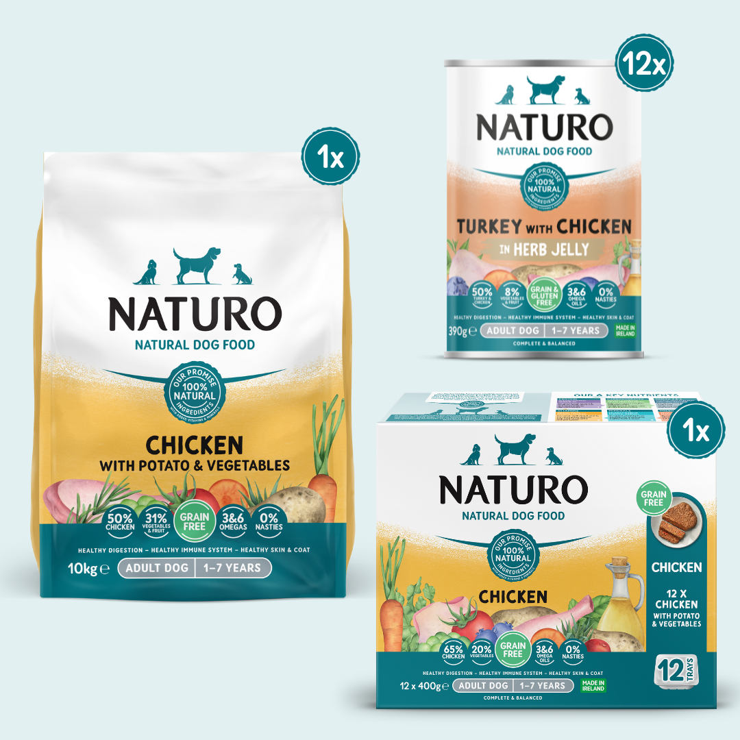 Naturo dog food products including a dry food bag, cans, and box on a light blue background