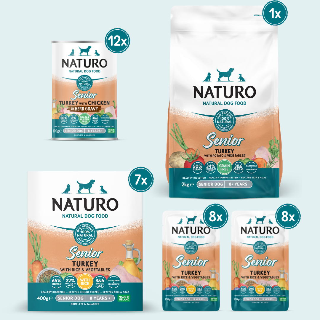 A collection of Naturo dog food products for seniors, including turkey options with rice and vegetables, in both dry and wet formats.