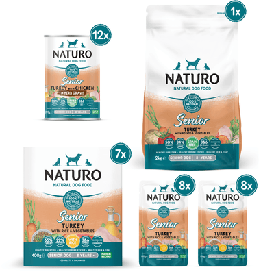 A collection of Naturo dog food products for seniors, including turkey options with rice and vegetables, in both dry and wet formats.