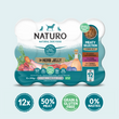 Packaging for Naturo natural dog food, featuring adult dog grain and gluten-free meaty selection in herb jelly cans. The package contains 12 cans with various meat options such as beef, pork, and turkey.