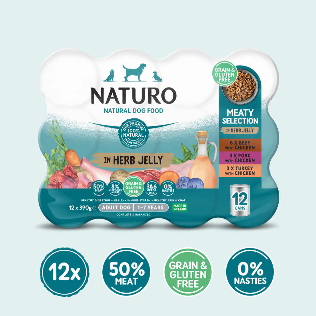 Packaging for Naturo natural dog food, featuring adult dog grain and gluten-free meaty selection in herb jelly cans. The package contains 12 cans with various meat options such as beef, pork, and turkey.