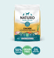 A package of Naturo brand grain free dry dog food with chicken, potato, and vegetables.