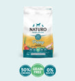 A package of Naturo brand puppy dry dog food with Chicken and Sweet Potato with Vegetables. The packaging is predominantly white with images of a white and a brown puppy, chicken, sweet potato and other vegetables.