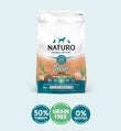A package of Naturo Senior Dry Dog Food with graphics indicating 50% Turkey content, grain-free, and no nasties.