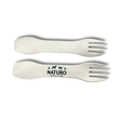 Two bamboo sporks with Naturo branding on a light blue background