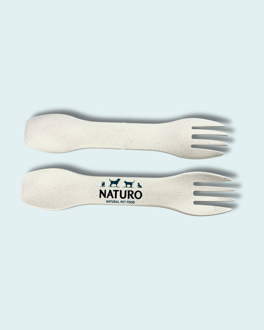 Two bamboo sporks with Naturo branding on a light blue background
