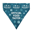 Teal bandana with 'Naturo Natural Pet Food' branding and text on a light blue background