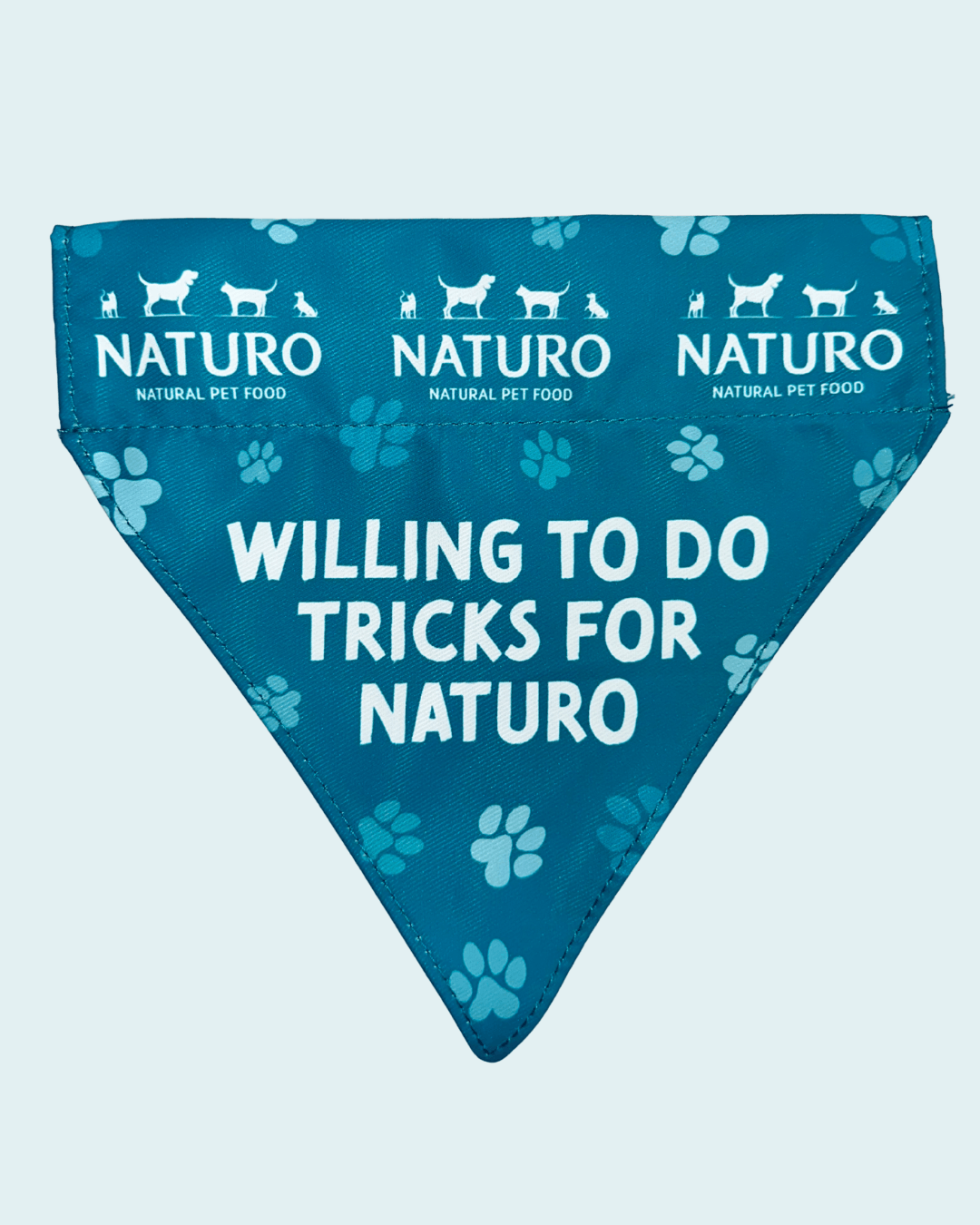 Teal pet bandana with 'Naturo' branding and text on a light blue background