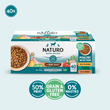 Box of Naturo natural dog food with ingredients and benefits displayed on a light blue background