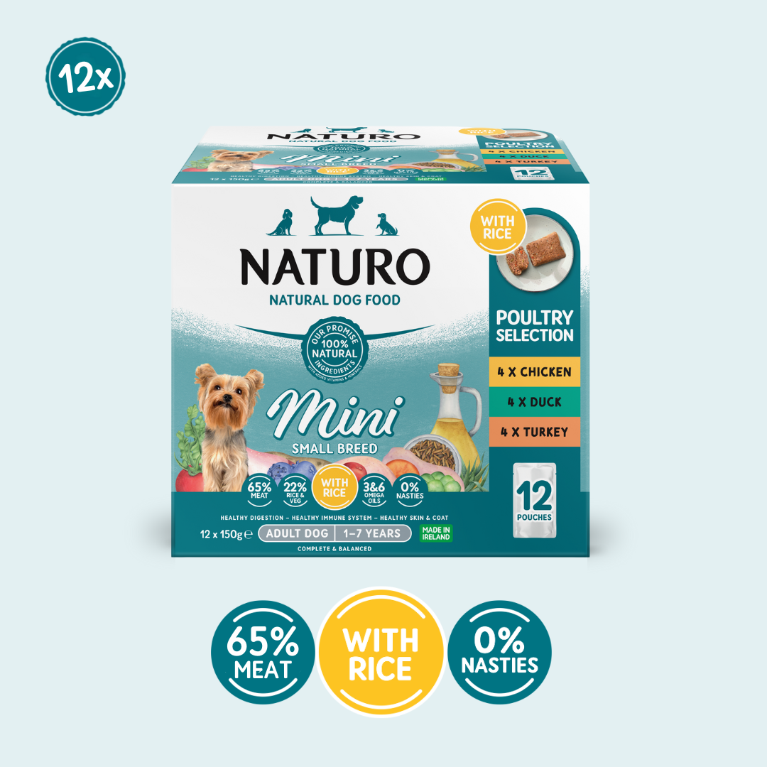 Packaging for Naturo Natural Dog Food, featuring a variety pack of mini dog food pouches with chicken, duck, and turkey flavours, including rice.