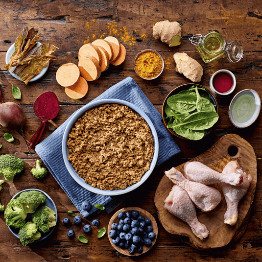 Assorted ingredients including a bowl of dog food, vegetables, and chicken on a wooden surface.
