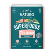 Naturo natural dog food tray pack with superfoods label on a light blue background