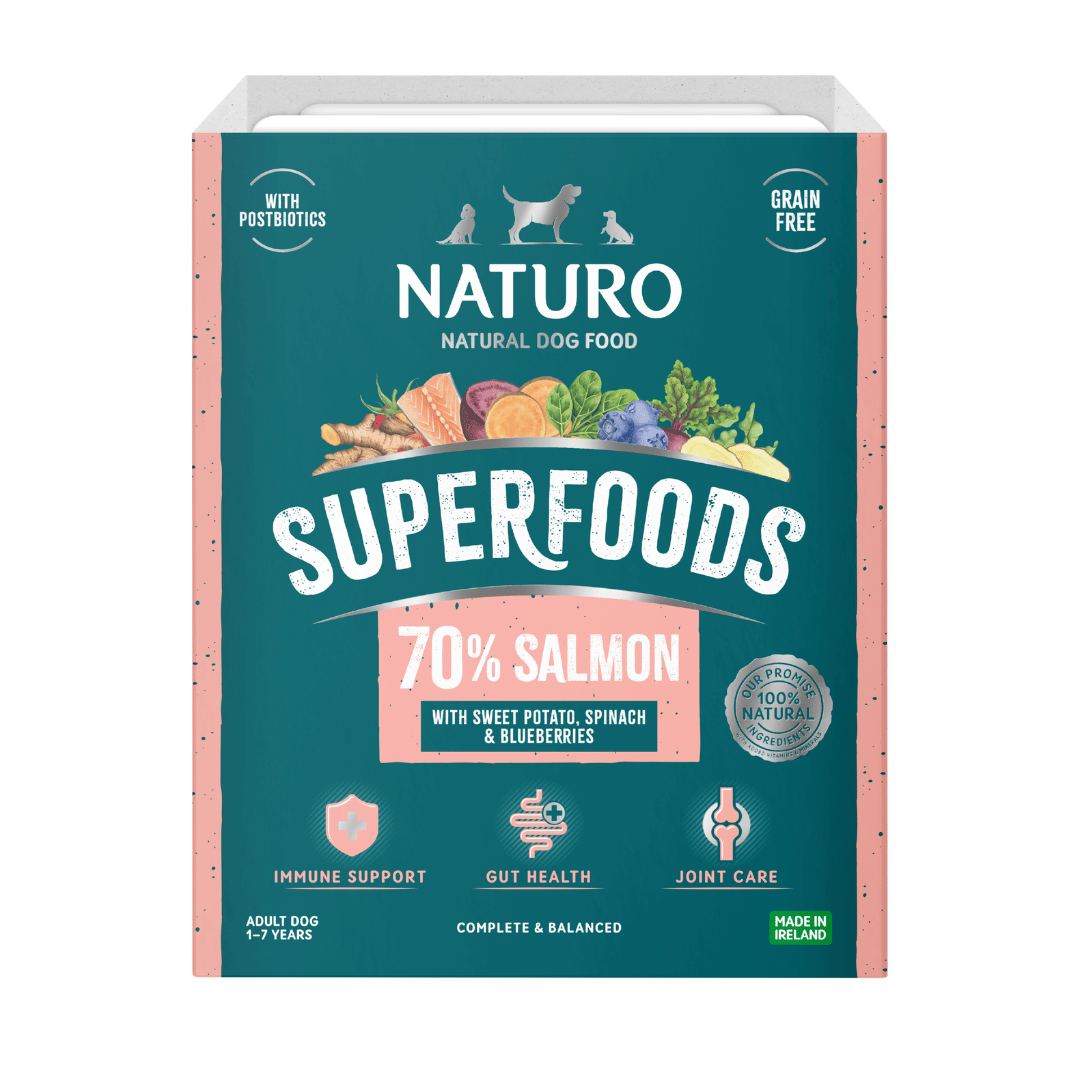 Naturo natural dog food tray pack with superfoods label on a light blue background
