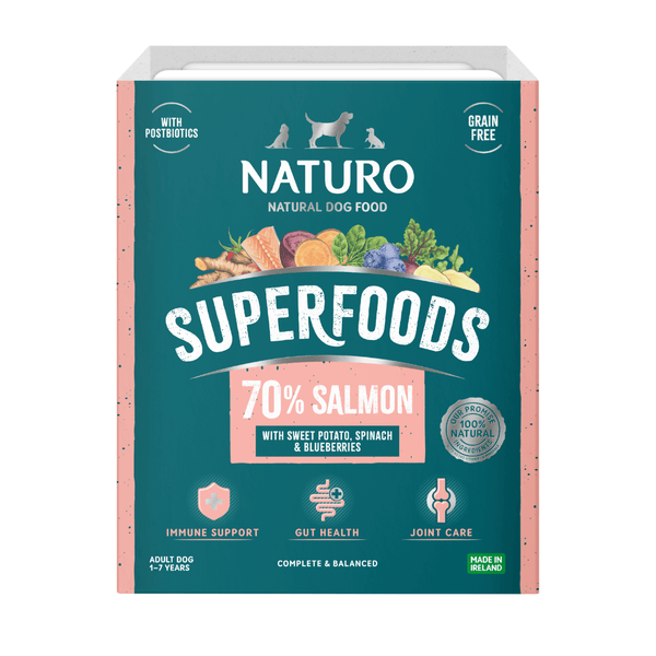 Naturo natural dog food tray pack with superfoods label on a light blue background