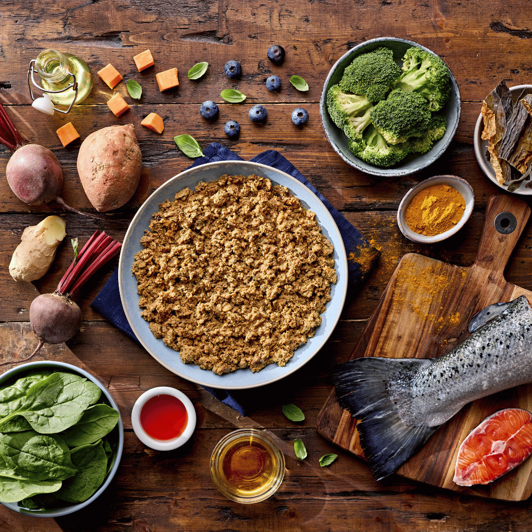Assorted healthy ingredients including a bowl of dog food, vegetables, and fish on a wooden table.