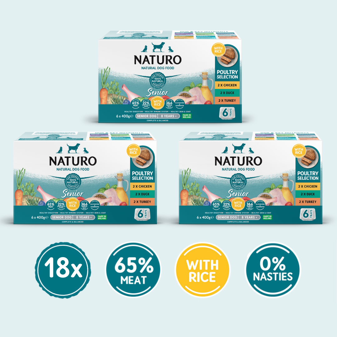 Three trays of Naturo Senior Dog with Rice Variety Pack placed side by side with text indicating the quantity (18x), meat content (65% meat), and absence of nasties (0% nasties).