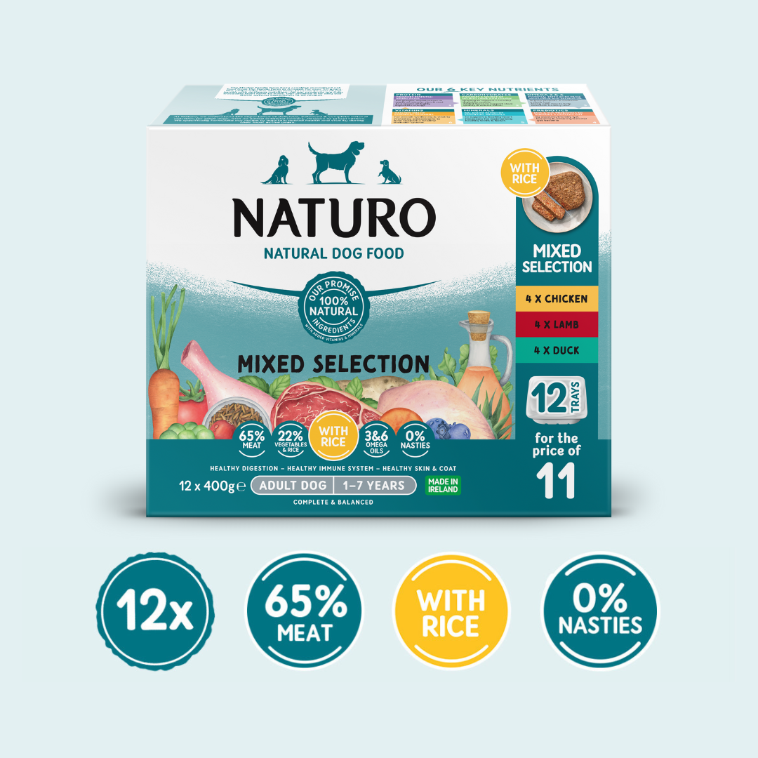 A box of Naturo Natural Dog Food with a Mixed Selection of flavours including Chicken, Lamb, and Duck. The packaging indicates the product is for adult dogs, contains rice, and highlights the inclusion of vegetables, omegas 3 and 6, and no artificial colours, flavours, or preservatives.