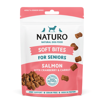 Package of Naturo Soft Bites for Seniors Salmon with Cranberry & Carrot on a light blue background