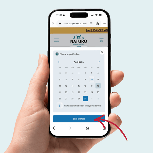 Hand holding a smartphone displaying the Naturo pet food app with a calendar selection.