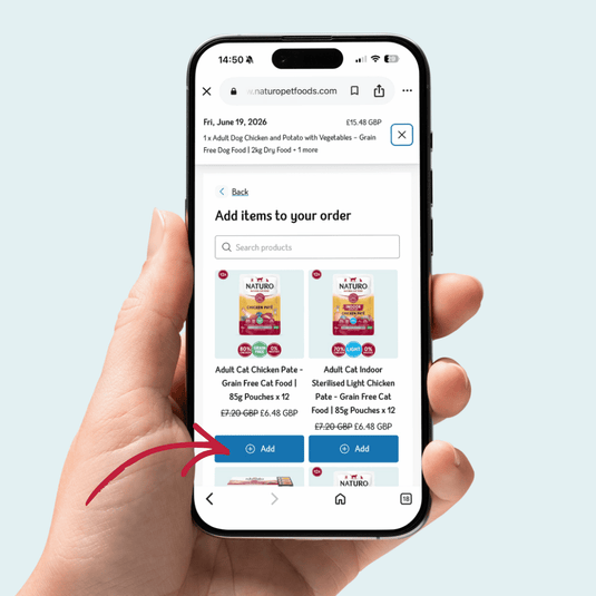 Hand holding a smartphone displaying a pet food ordering app on a light blue background