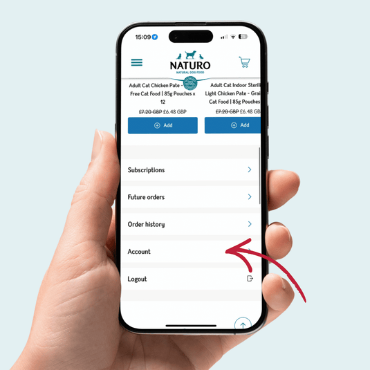 Hand holding a smartphone displaying the NATURO app on a light blue background