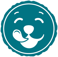 Teal icon roundel with a white outline of a dog licking its lips