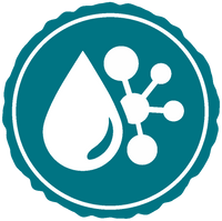 Teal icon roundel with a white water droplet on a transparent background